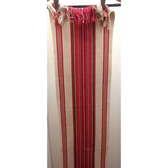 Vintage woven table runner red cream and green long - Picture 3 of 8
